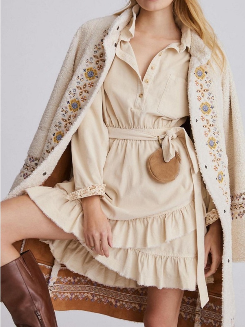 Anthropologie Pilcro Corduroy Ruffle Belted Mini Dress